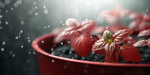 Young Green Seedlings in a Red Pot Under Rainfall, Fresh Growth and Nature Revival in Soft Light

