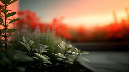 Lush Green Garden Plants in Soft Sunset Light, Vibrant Floral Background with a Warm Golden Glow

