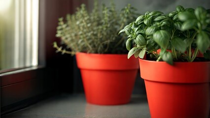 Indoor Herb Garden with Fresh Basil and Thyme in Red Pots by the Window, Cozy Kitchen Gardening for Home Cooking

