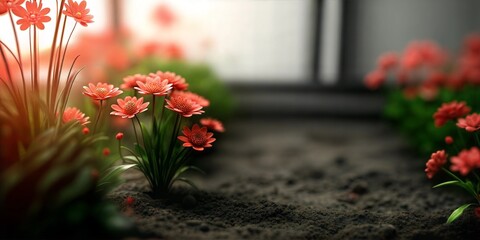 Vibrant Red Flowers Blooming in Fresh Garden Soil, Sunlit Outdoor Floral Scene with Soft Natural Light

