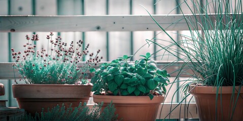 Rustic Balcony Herb Garden with Potted Greenery and Wooden Railing, Cozy Small Space Gardening for Urban Living

