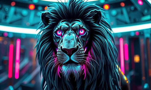Cyberpunk Big Lion, Featuring Neon Lighted Circuit Patterns in Electric Blue and Magenta. Background Has Futuristic Holographic Look with Customizable Lighting Effects. 4k