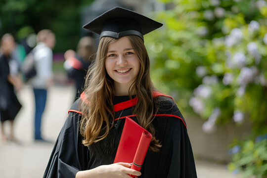 Uśmiechnięta absolwentka w todze i birecie z dyplomem.