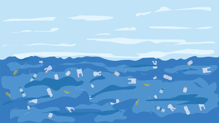 Ocean Pollution Illustration with Floating Plastic Waste Bottles and Bags in the Sea Environmental Awareness Concept