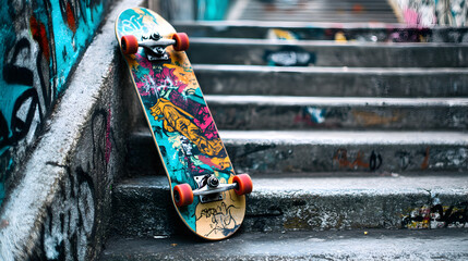 una patineta pintada con grafiti y pinturas coloridas recargada en las escaleras de las calles de la ciudad arte urbano y expresion artistica