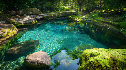 Naklejka premium A Lush Oasis: Tranquil Natural Pool Surrounded by Verdant Foliage and Moss-Covered Rocks