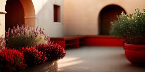 Mediterranean Courtyard with Colorful Potted Plants and Arched Architecture, Tranquil Outdoor Space with Warm Tones

