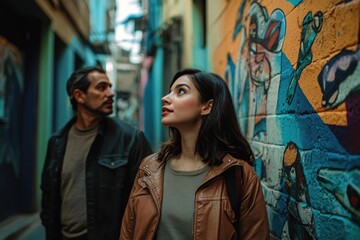 Naklejka premium A young couple explores a vibrant, graffiti-covered alleyway, gazing upwards with wonder and curiosity.
