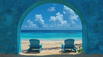 Fototapeta premium Arched blue window on the beach framing a stunning ocean view under a clear sky with clouds