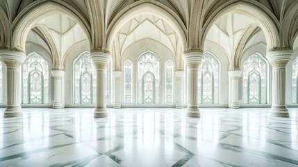 Fototapeta premium Majestic Empty Hall with Tall Arched Windows and Marble Floor