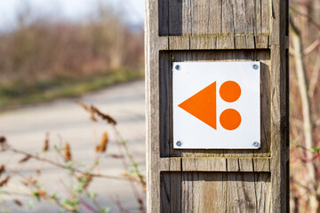 Itineraries in France, repere excursion marking. Signage for bike circuit in France on a wooden...