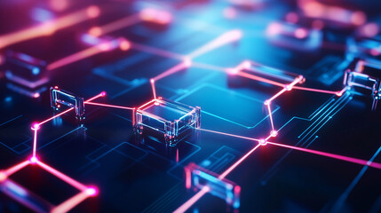Fototapeta premium A high-tech blockchain system with glowing interconnected blocks, representing cryptographic security and Bitcoin-based online payments. The futuristic cyber environment highlights