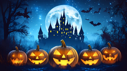 Halloween jack-o'-lanterns graveyard moonlit castle. Dark Fantasy Moonlit Castle. Illustration