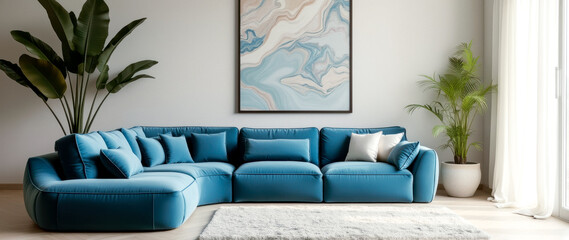 modern teal modular sofa with abstract wall in bright living room