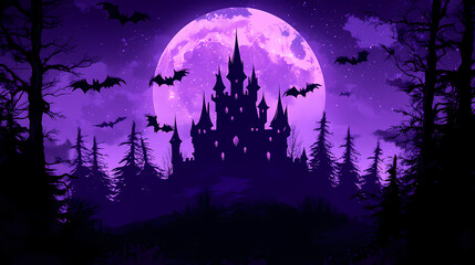 Mysterious castle silhouette against purple moonlit sky, surrounded by dark forest and bats, creating an eerie atmosphere. Dark Fantasy Moonlit Castle. Illustration