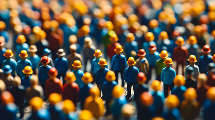Obraz premium A dense crowd of miniature figures wearing hard hats, representing teamwork and a large workforce.