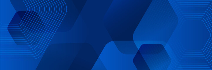 Modern abstract blue background with glowing geometric lines. Blue gradient hexagon shape design. Futuristic technology concept.
