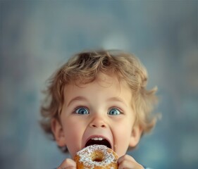 A beautiful boy with a wide-open mouth enjoys a doughnut, displaying the cutest facial expression in a photorealistic style.