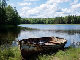 Obraz premium A rusty fishing boat anchored on a quiet lake shore