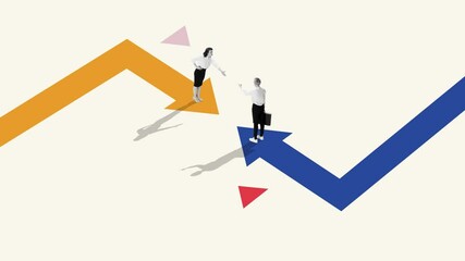 Stop motion. Animation. People move in direction of arrows and extend their hands to each other to cooperate and develop projects together. Concept of partnership, business acquisition, deals. Ad