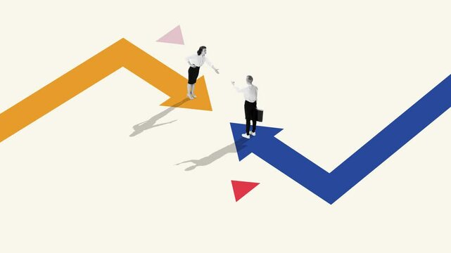 Stop motion. Animation. People move in direction of arrows and extend their hands to each other to cooperate and develop projects together. Concept of partnership, business acquisition, deals. Ad