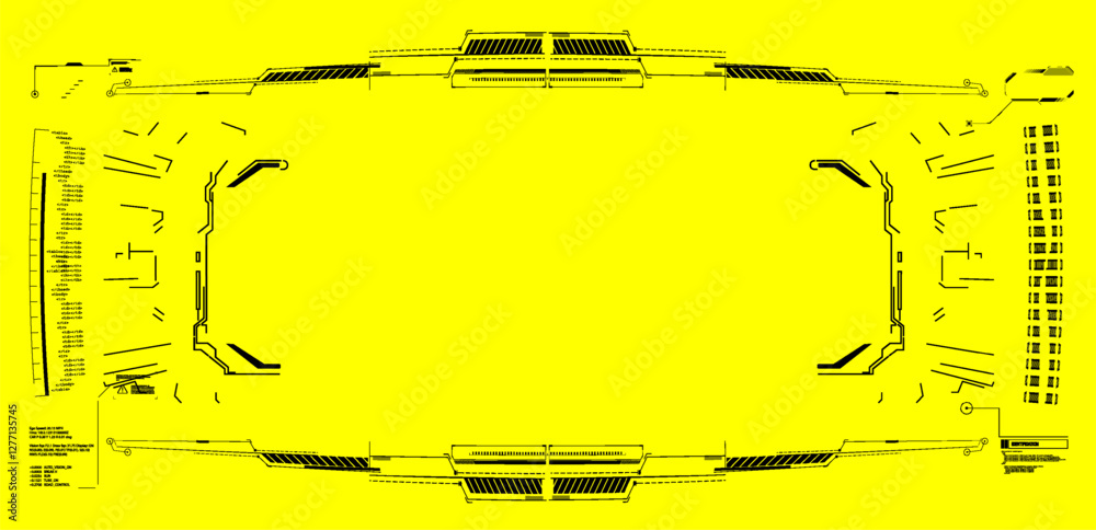 Poster futuristic interface design features a bright yellow background with intricate black patterns and da
