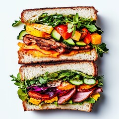 Loaded artisan sandwiches stacked and halved, showcasing colorful ingredients.