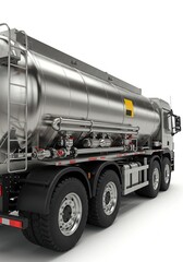 Shiny Stainless Steel Tanker Truck Isolated on White Studio Background for Commercial Transport.