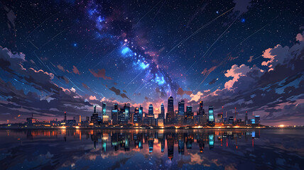 Magnificent city and beautiful night sky, anime style
