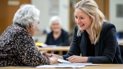 A social worker interacts warmly with an elderly client, fostering connection and understanding in a community setting. Others are engaged in discussions nearby