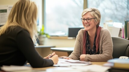 A social worker smiles while discussing important matters with a client at a desk in an office. The warm atmosphere promotes open communication and support