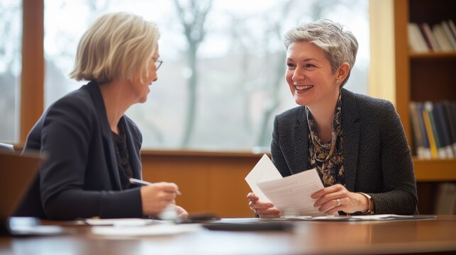 Two professionals engage in a warm conversation while reviewing documents in a well-lit office. They discuss important topics related to social work and client well-being