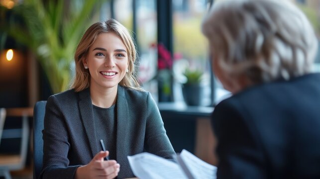 A social worker listens intently while seated across from a client, taking notes. The contemporary office features greenery and ample natural light, promoting a welcoming atmosphere