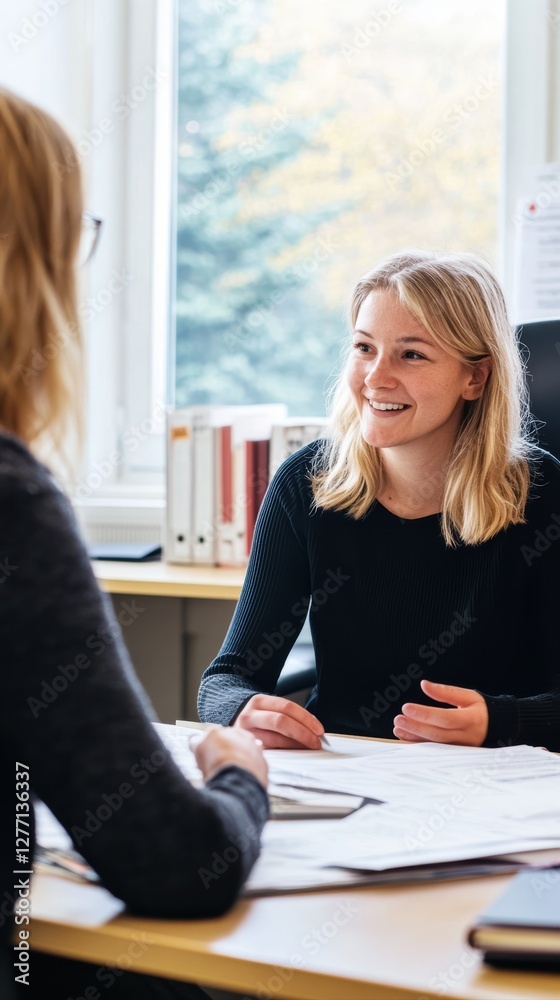 Fototapete a social worker discusses important matters with a client in a well-lit office. the interaction show