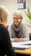 A social worker smiles warmly while discussing important topics with a client. The setting includes a bright office with files and documents on the table, promoting a supportive atmosphere