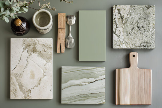 Kitchen Design Mood Board. An interior design mood board featuring various material samples and decorative elements for a kitchen concept, all set against a green background.