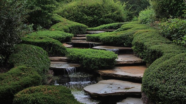 Beautiful garden with a small waterfall cascading down a stone pathway. the pathway is made up of multiple stepping stones that are arranged in a way that creates a sense of depth and dimension.