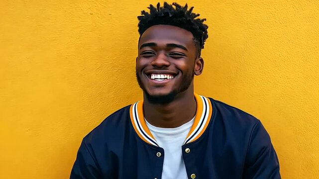 Cheerful young man in a varsity jacket poses against a vibrant yellow backdrop.