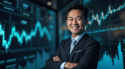 happy Asian businessman wearing a luxurious, well-tailored suit, standing confidently against a background of financial charts, data tables, and stock market graphs