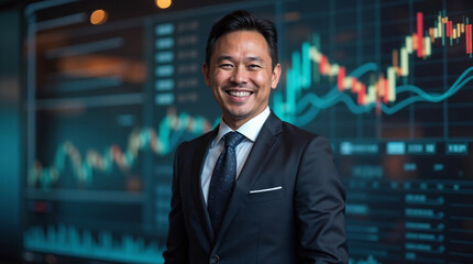 happy Asian businessman wearing a luxurious, well-tailored suit, standing confidently against a background of financial charts, data tables, and stock market graphs