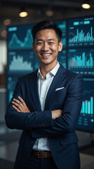 happy Asian businessman wearing a luxurious, well-tailored suit, standing confidently against a background of financial charts, data tables, and stock market graphs