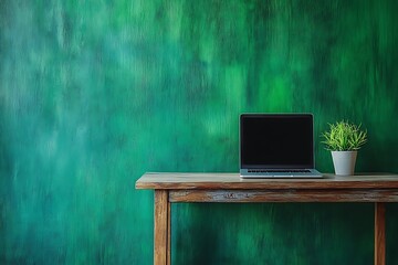 A stylish office scene featuring a laptop on a desk, with a striking green wall as the backdrop.