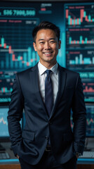 happy Asian businessman wearing a luxurious, well-tailored suit, standing confidently against a background of financial charts, data tables, and stock market graphs