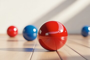 Colorful spheres placed on wooden floor create a playful and inviting atmosphere in a bright indoor space