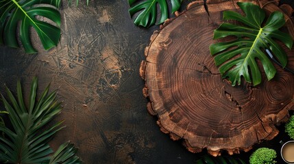 Fototapeta premium top down view of empty wooden podium with green leaves wooden background