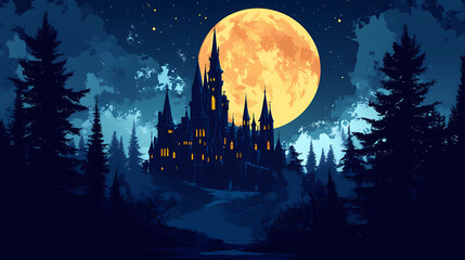 Enchanting night castle: sleeping beauty's mysterious realm. Dark Fantasy Moonlit Castle. Illustration