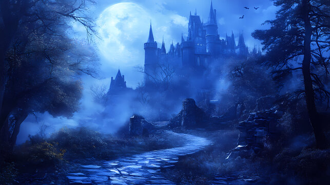 Enchanting castle path, moonlit forest, halloween backdrop. Dark Fantasy Moonlit Castle. Illustration