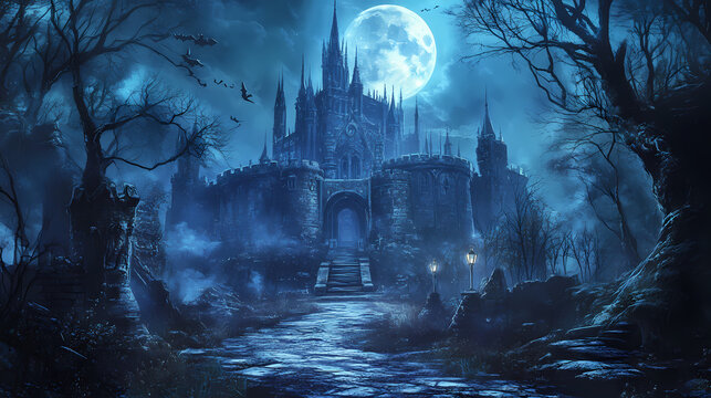 Enchanting castle path, moonlit forest, halloween backdrop. Dark Fantasy Moonlit Castle. Illustration