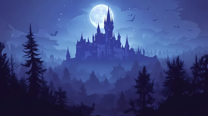 Naklejka premium Gothic castle lit by full moon in foggy forest. Dark Fantasy Moonlit Castle. Illustration