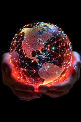 Close-up view of hands holding glowing digital image of the Earth at night with illuminated continents connected by a network of colors lines symbolizing global connectivity. Vertical banner